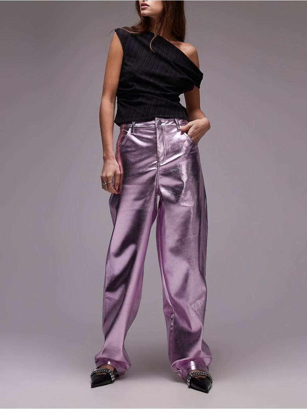 NWOT- TOPSHOP Straight Leg Faux Leather Pants In Metallic Pink, size US6